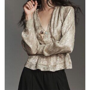 Anthropologie Metallic Smocked Long-Sleeve Blouse Peplum Hem Size L Gold